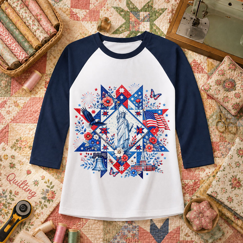 Patriotic Quilt Block Statue Of Liberty Floral Raglan Sleeve - Navy
