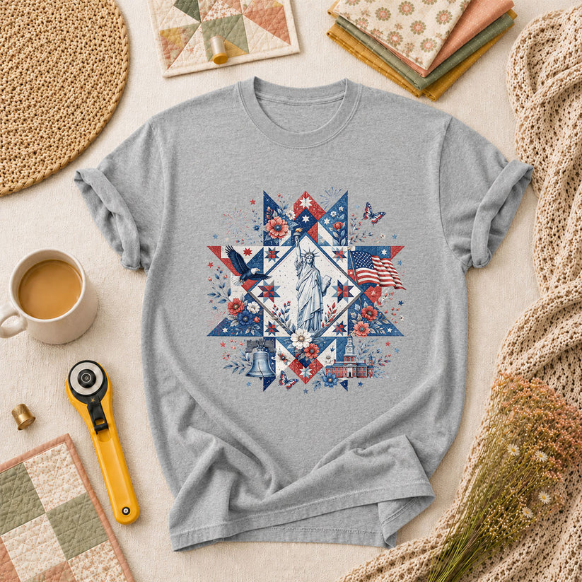 Patriotic Quilt Block Statue Of Liberty Floral T-Shirt - Athletic Heather