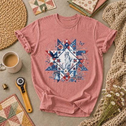 Patriotic Quilt Block Statue Of Liberty Floral T-Shirt - Heather Mauve