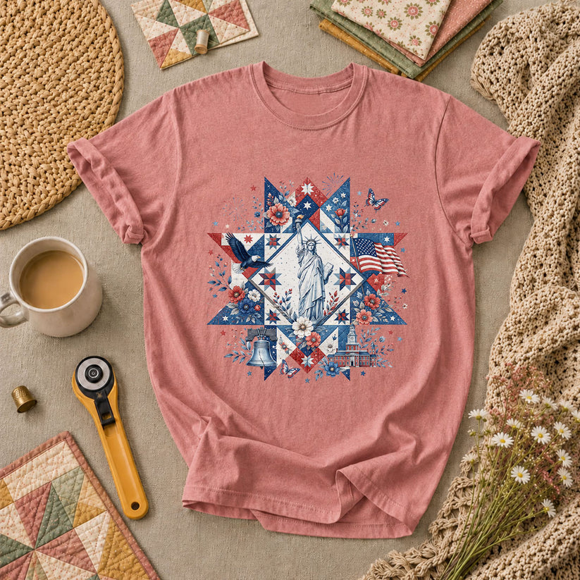 Patriotic Quilt Block Statue Of Liberty Floral T-Shirt - Heather Mauve