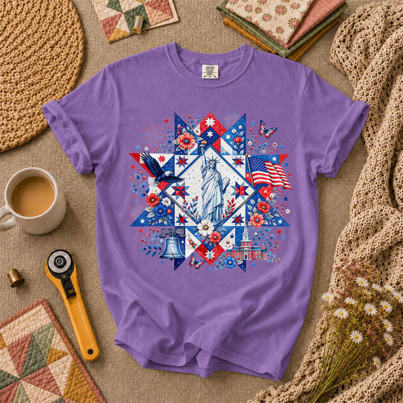 Patriotic Quilt Block Statue Of Liberty Floral T-Shirt - Heather Team Purple