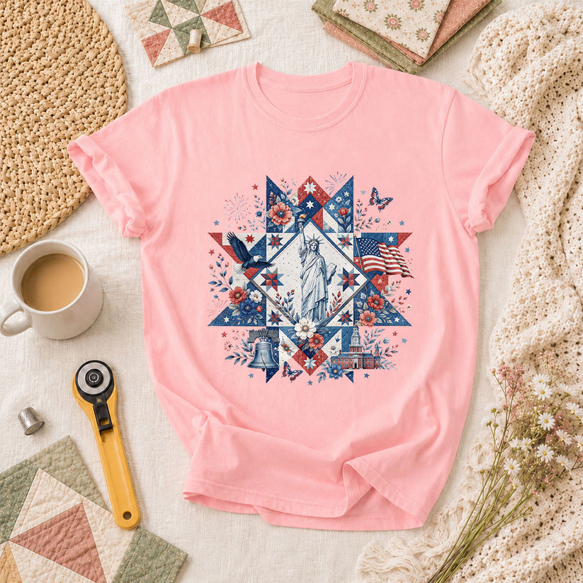 Patriotic Quilt Block Statue Of Liberty Floral T-Shirt - Pink