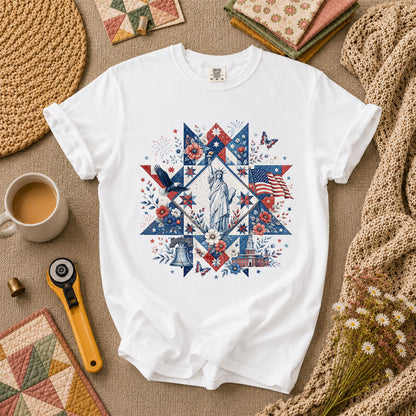 Patriotic Quilt Block Statue Of Liberty Floral T-Shirt - White
