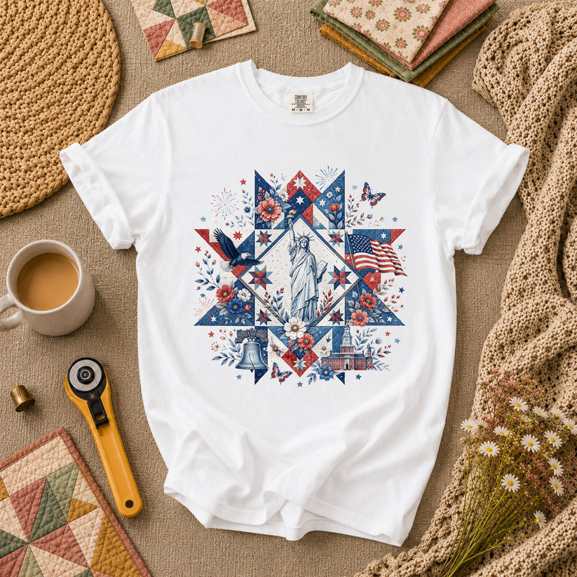 Patriotic Quilt Block Statue Of Liberty Floral T-Shirt - White