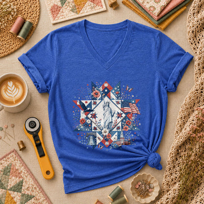 Patriotic Quilt Block Statue Of Liberty Floral Women's V-Neck - Heather True Royal