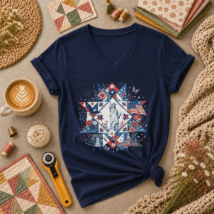 Patriotic Quilt Block Statue Of Liberty Floral Women's V-Neck - Navy