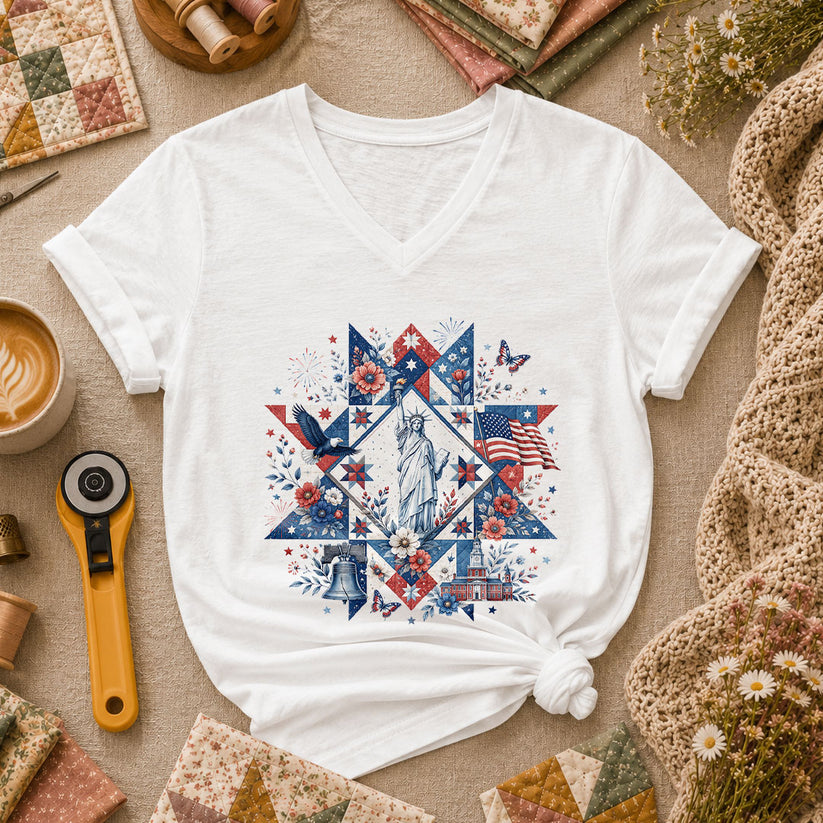Patriotic Quilt Block Statue Of Liberty Floral Women's V-Neck - White
