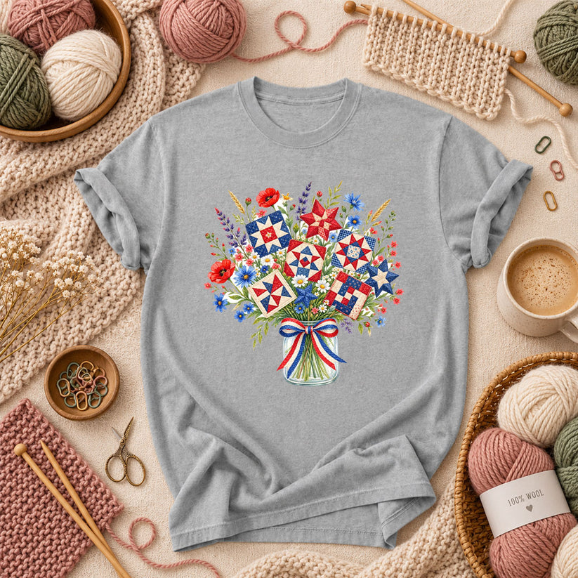 Patriotic Quilt Block Wildflower Bouquet T-Shirt - Athletic Heather