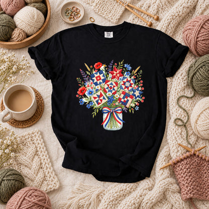 Patriotic Quilt Block Wildflower Bouquet T-Shirt - Black