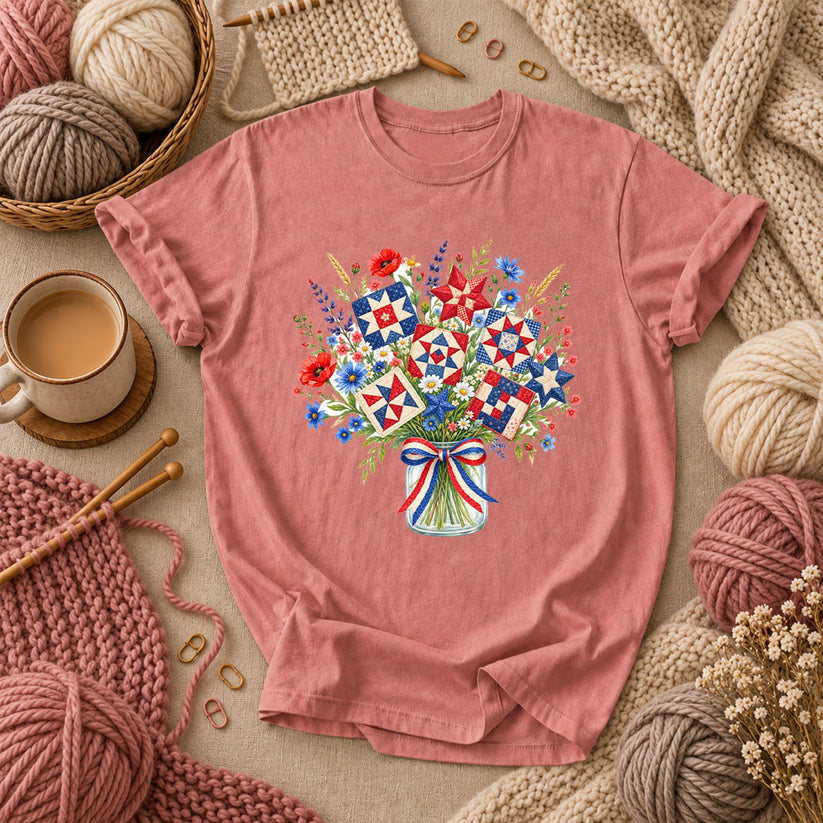 Patriotic Quilt Block Wildflower Bouquet T-Shirt - Heather Mauve