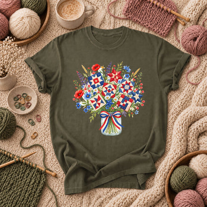 Patriotic Quilt Block Wildflower Bouquet T-Shirt - Military Green