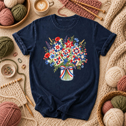 Patriotic Quilt Block Wildflower Bouquet T-Shirt - Navy