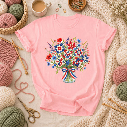 Patriotic Quilt Block Wildflower Bouquet T-Shirt - Pink