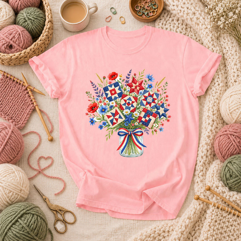 Patriotic Quilt Block Wildflower Bouquet T-Shirt - Pink