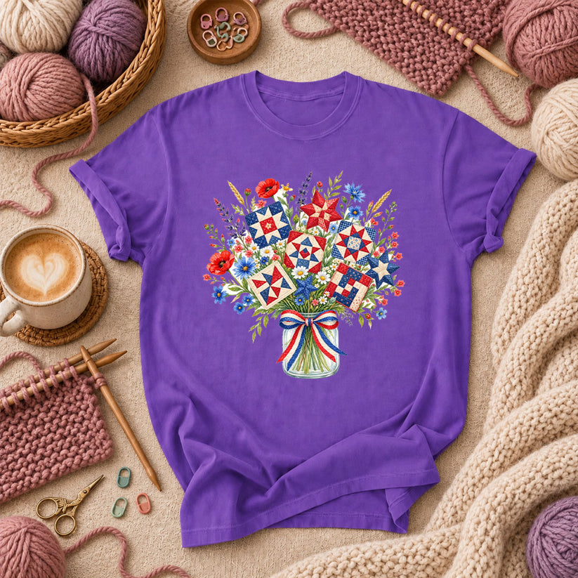 Patriotic Quilt Block Wildflower Bouquet T-Shirt - Purple