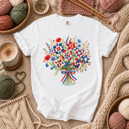 Patriotic Quilt Block Wildflower Bouquet T-Shirt - White