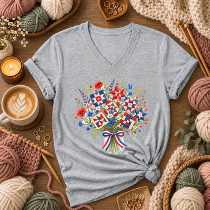 Patriotic Quilt Block Wildflower Bouquet Women's V-Neck - Athletic Heather