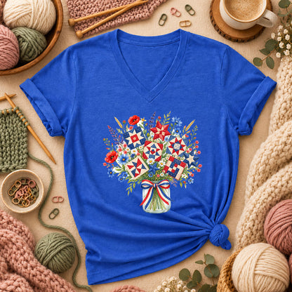 Patriotic Quilt Block Wildflower Bouquet Women's V-Neck - Heather True Royal