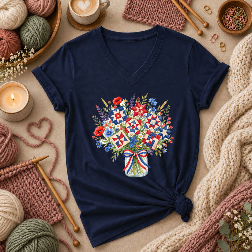 Patriotic Quilt Block Wildflower Bouquet Women's V-Neck - Navy