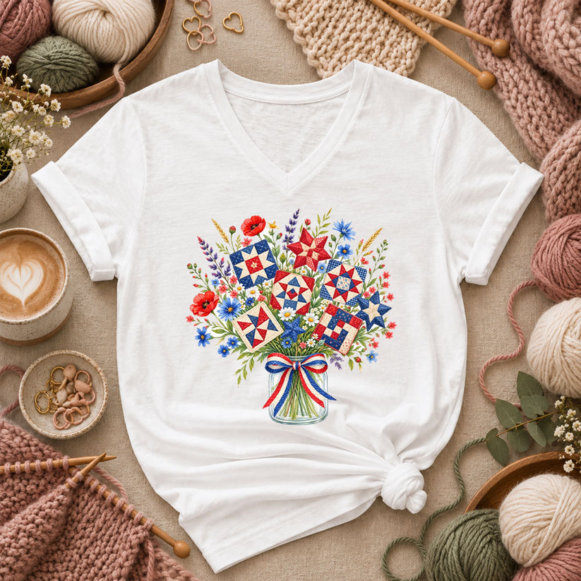 Patriotic Quilt Block Wildflower Bouquet Women's V-Neck - White