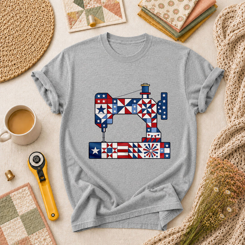 Patriotic Sewing Machine Stars Stripes Quilt Blocks T-Shirt - Athletic Heather