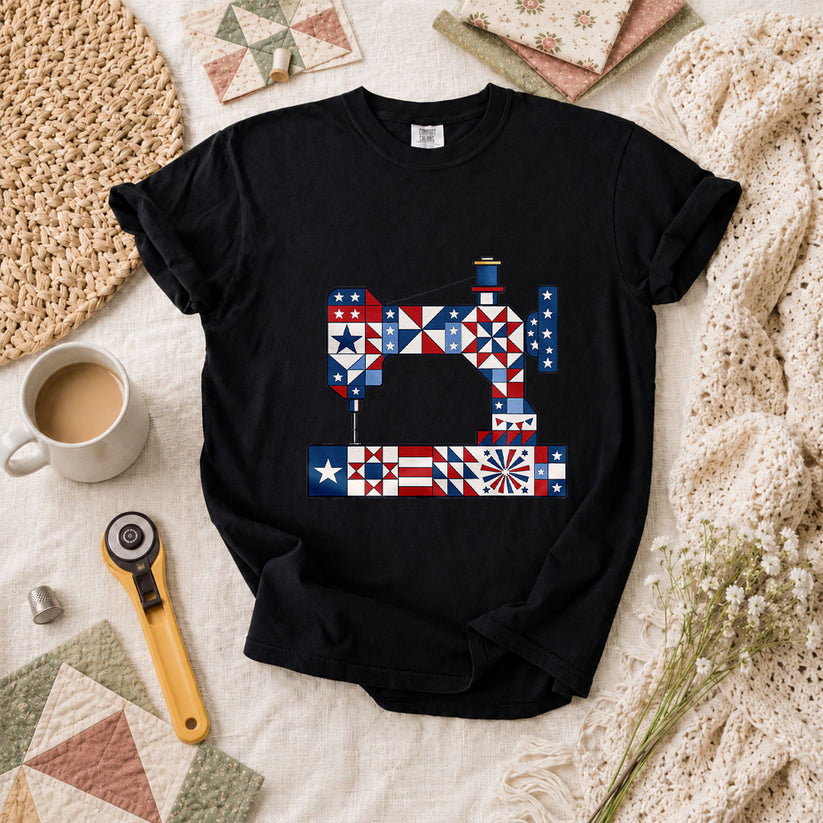 Patriotic Sewing Machine Stars Stripes Quilt Blocks T-Shirt - Black