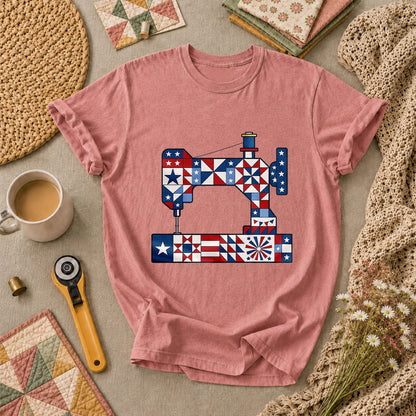 Patriotic Sewing Machine Stars Stripes Quilt Blocks T-Shirt - Heather Mauve