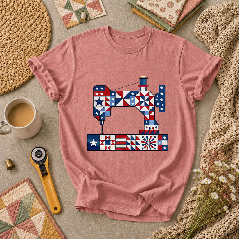 Patriotic Sewing Machine Stars Stripes Quilt Blocks T-Shirt - Heather Mauve