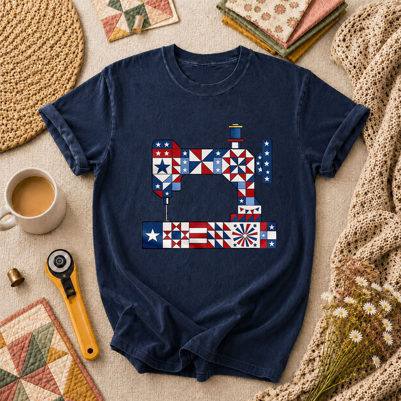 Patriotic Sewing Machine Stars Stripes Quilt Blocks T-Shirt - Navy
