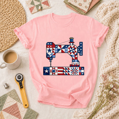 Patriotic Sewing Machine Stars Stripes Quilt Blocks T-Shirt - Pink