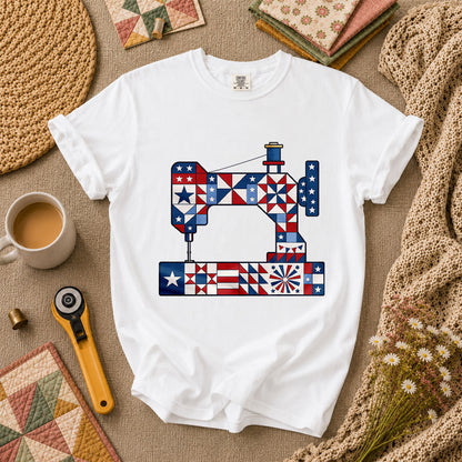 Patriotic Sewing Machine Stars Stripes Quilt Blocks T-Shirt - White