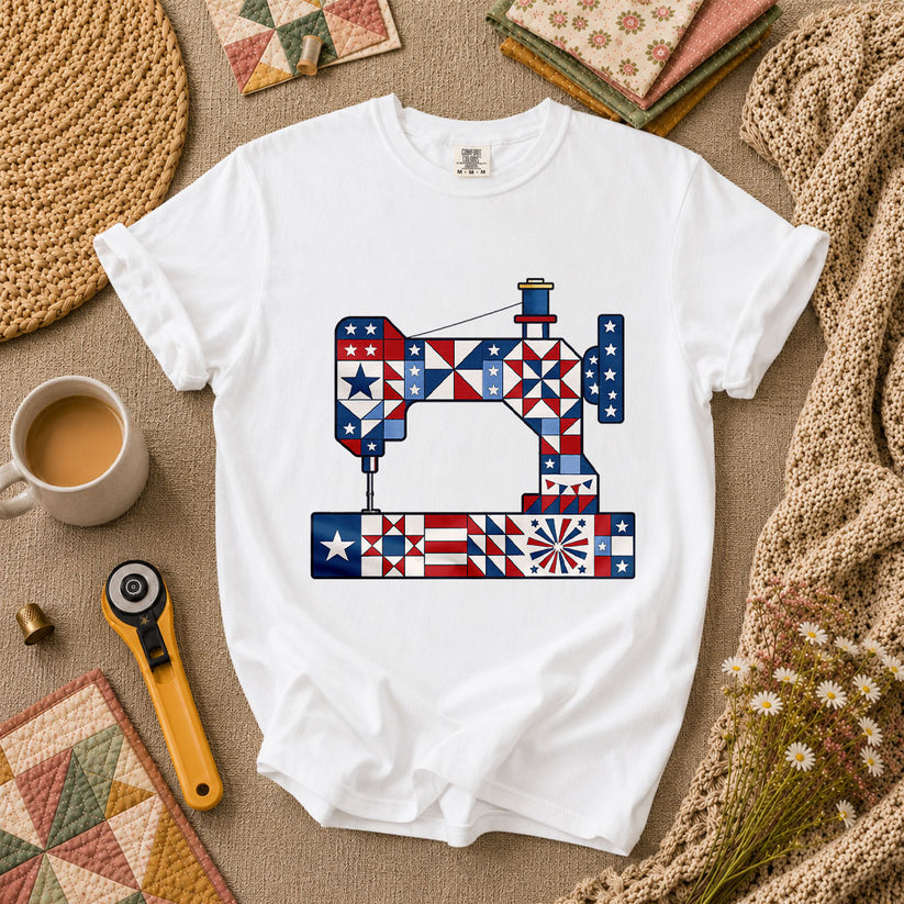 Patriotic Sewing Machine Stars Stripes Quilt Blocks T-Shirt - White
