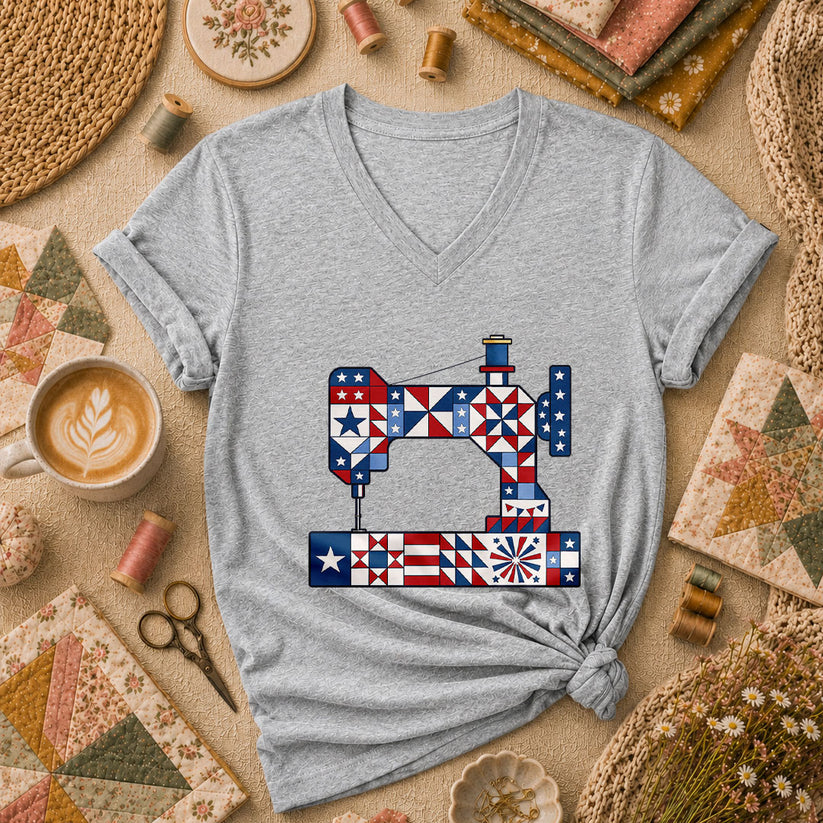 Patriotic Sewing Machine Stars Stripes Quilt Blocks Women's V-Neck - Athletic Heather