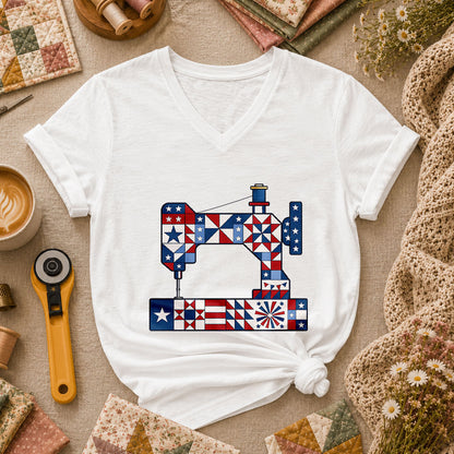 Patriotic Sewing Machine Stars Stripes Quilt Blocks Women's V-Neck - White