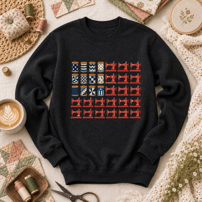 Patriotic Sewing Machines And Thread Spools Long Sleeve - Black
