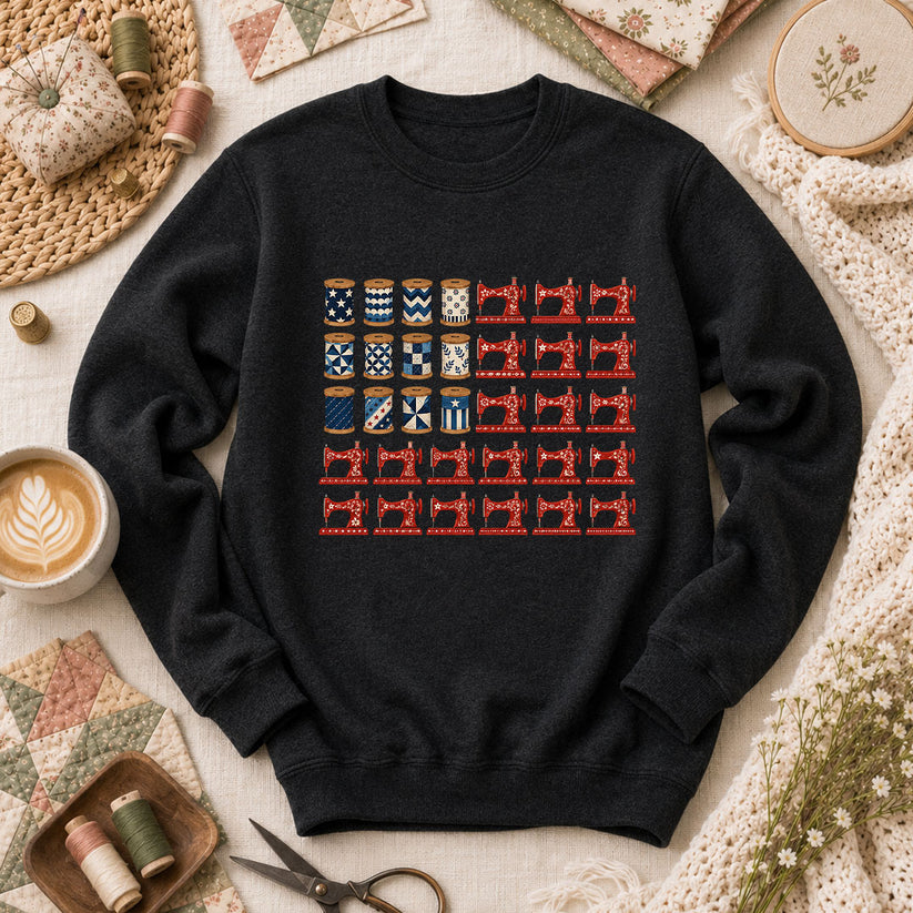 Patriotic Sewing Machines And Thread Spools Long Sleeve - Black