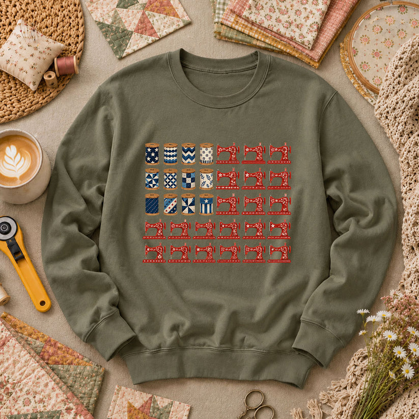 Patriotic Sewing Machines And Thread Spools Long Sleeve - Military Green