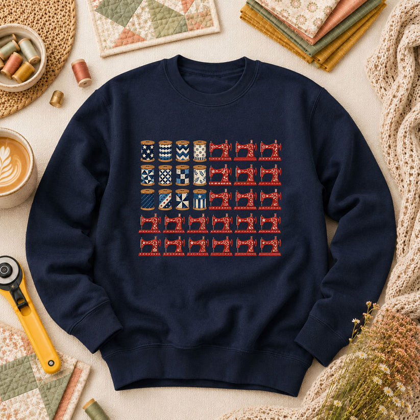 Patriotic Sewing Machines And Thread Spools Long Sleeve - Navy