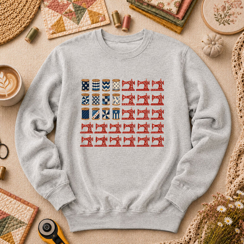 Patriotic Sewing Machines And Thread Spools Long Sleeve - Sport Grey