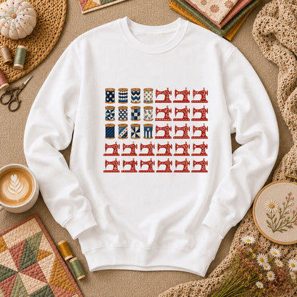 Patriotic Sewing Machines And Thread Spools Long Sleeve - White