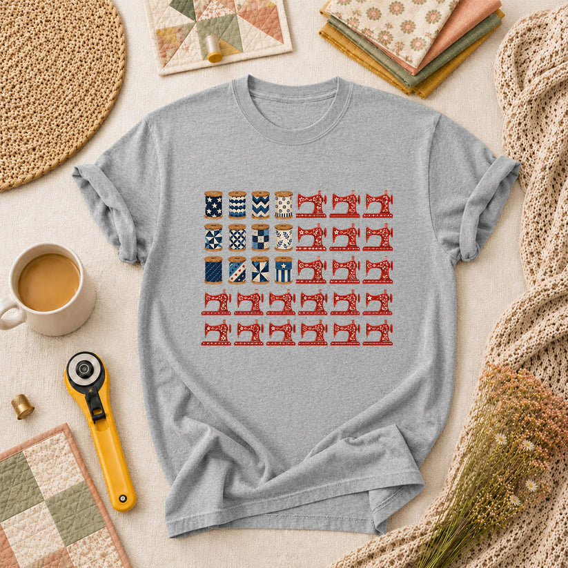 Patriotic Sewing Machines And Thread Spools T-Shirt - Athletic Heather