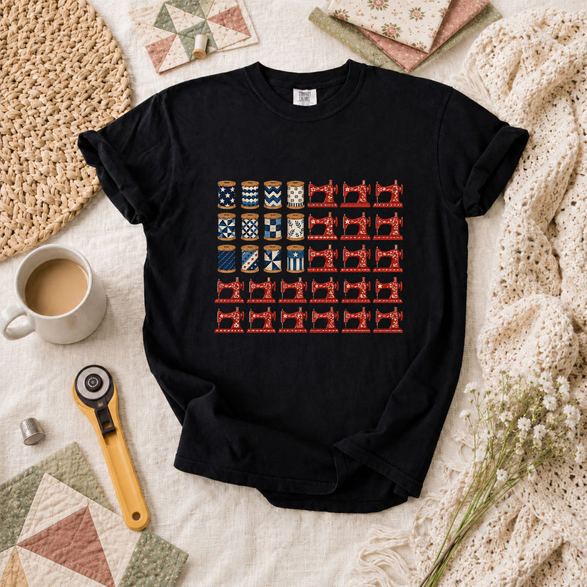 Patriotic Sewing Machines And Thread Spools T-Shirt - Black