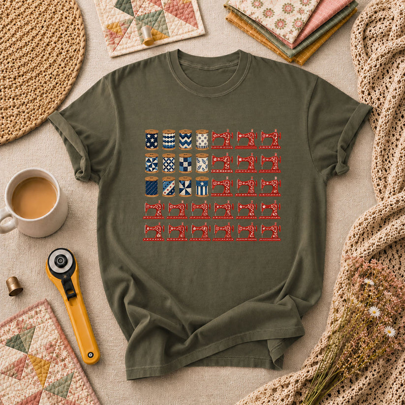 Patriotic Sewing Machines And Thread Spools T-Shirt - Military Green