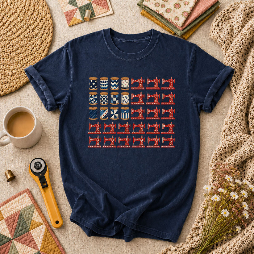 Patriotic Sewing Machines And Thread Spools T-Shirt - Navy