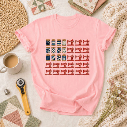 Patriotic Sewing Machines And Thread Spools T-Shirt - Pink