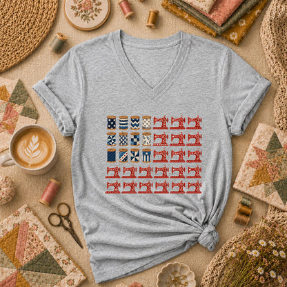 Patriotic Sewing Machines And Thread Spools Women's V-Neck - Athletic Heather