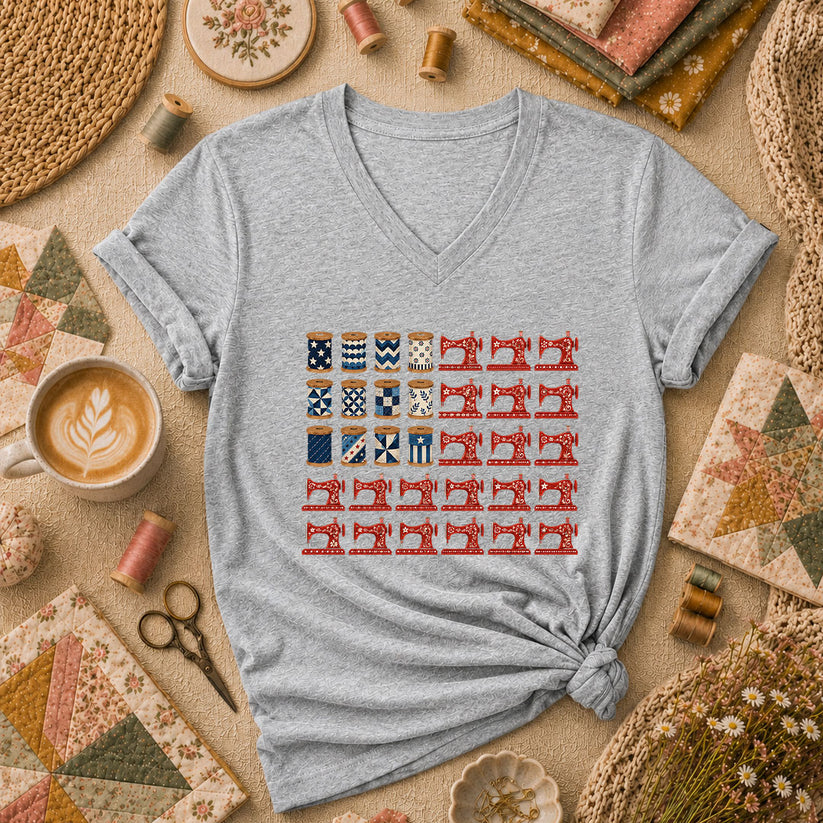 Patriotic Sewing Machines And Thread Spools Women's V-Neck - Athletic Heather