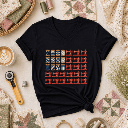 Patriotic Sewing Machines And Thread Spools Women's V-Neck - Black