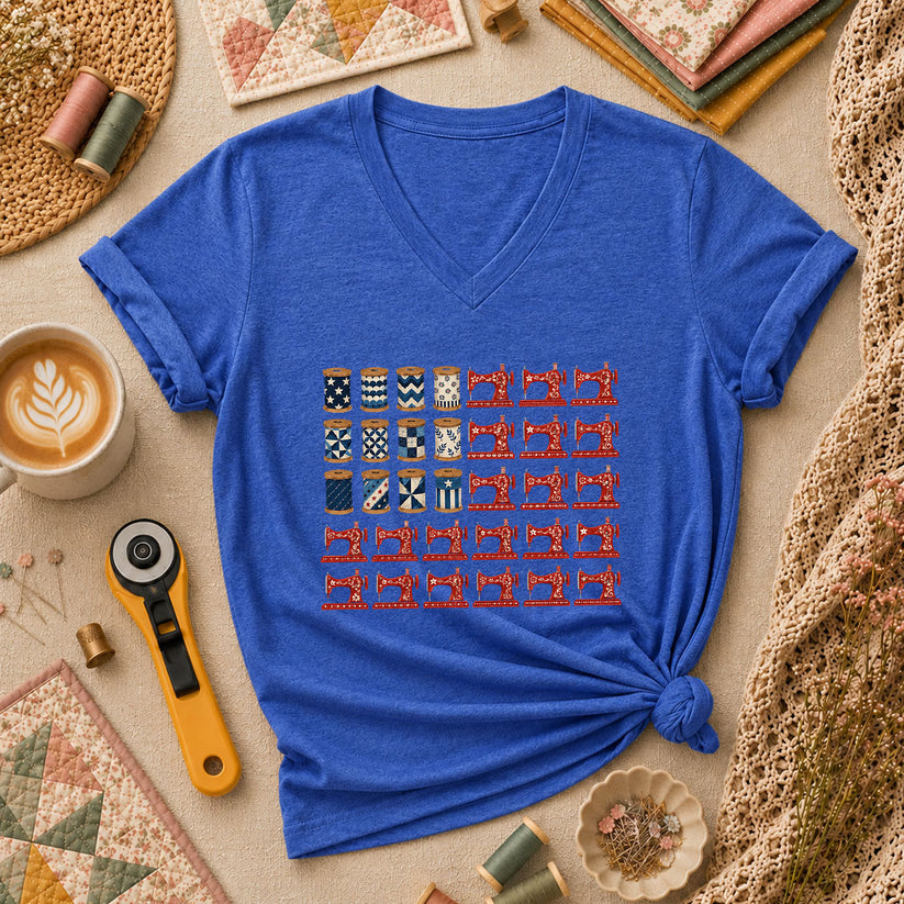 Patriotic Sewing Machines And Thread Spools Women's V-Neck - Heather True Royal