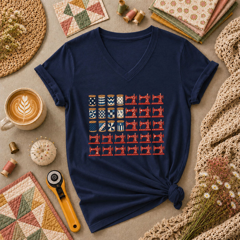 Patriotic Sewing Machines And Thread Spools Women's V-Neck - Navy